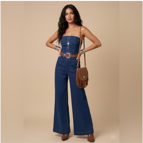 Pants - DARK DENIM STRAPLESS WIDE LEG DENIM JUMPSUIT WITH POCKETS🤠